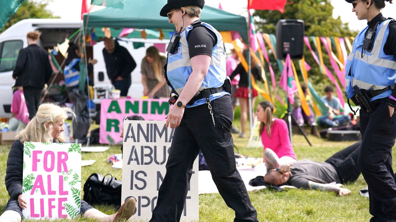 Animal Rising were allocated a space by the Jockey Club to protest at the Epsom Derby Festival.