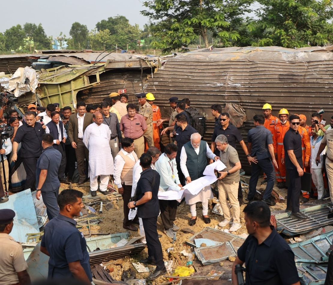 Indian Prime Minister Narendra Modi visits the site of a train crash on June 3. 