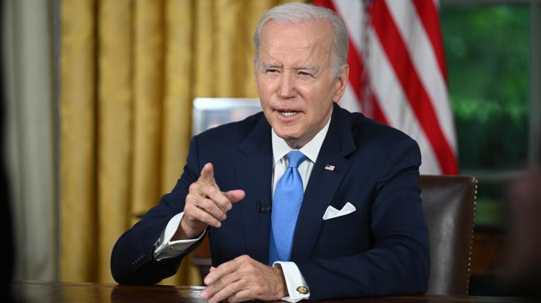 President Joe Biden addresses the nation on averting default and the Bipartisan Budget Agreement in the Oval Office of the White House on June 2, 2023 in Washington, DC. 