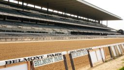 Horse Racing: Belmont Stakes: Closeup view of rail that reads Belmont Park with empty stands in background before races at Belmont Park.
Elmont, NY 6/20/2020