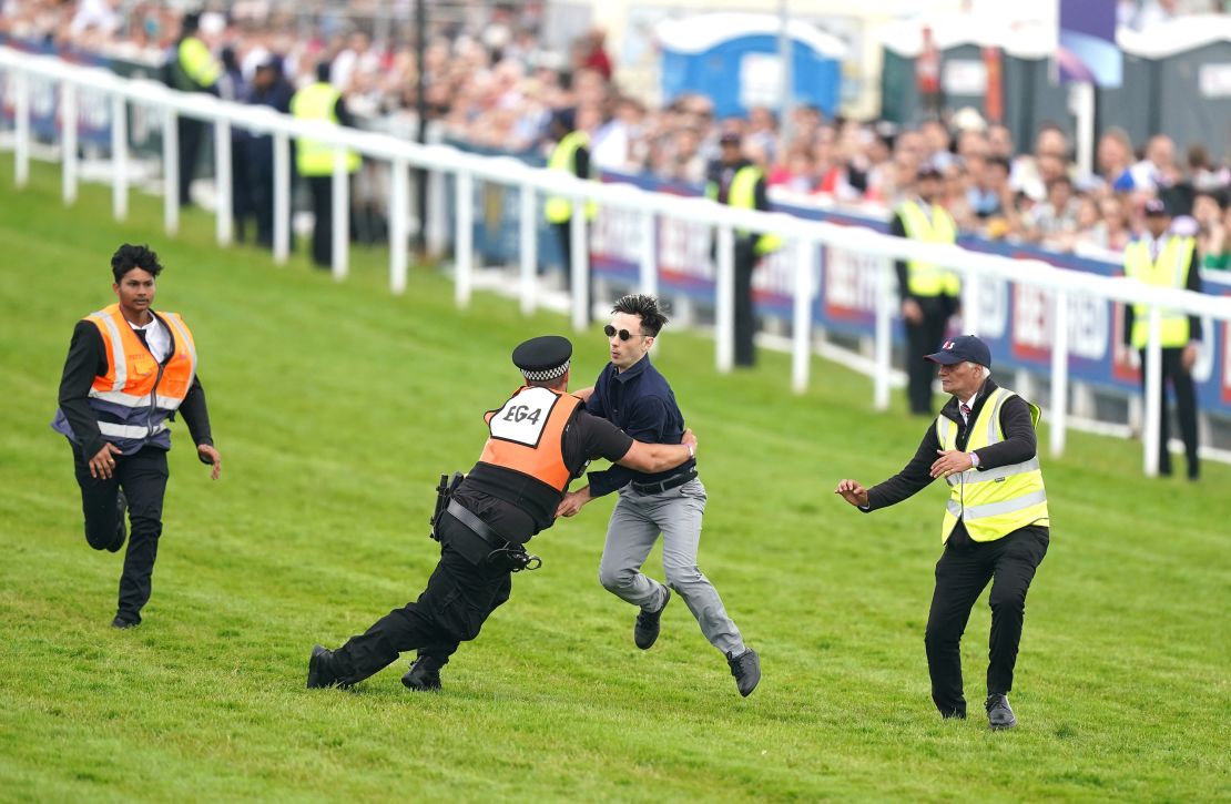 A protestor was tackled by police and stewards on the racetrack. 