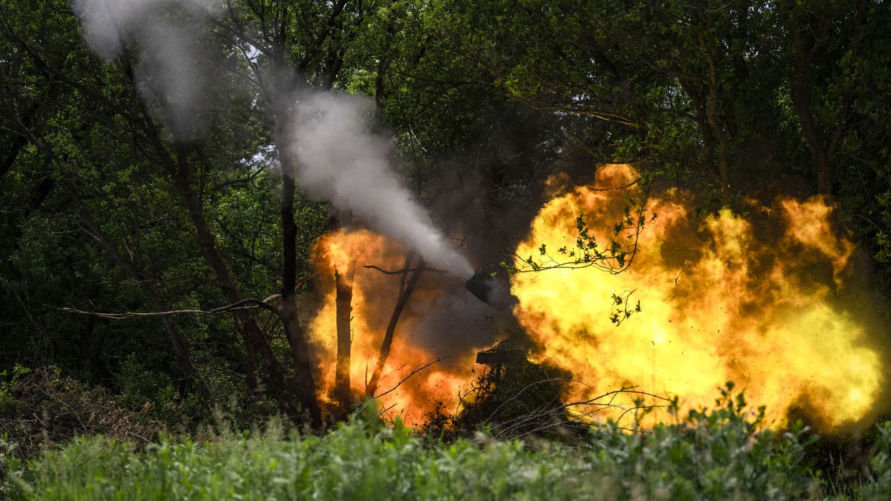 Ukrainian artillery batteries fire on the Bahkmut frontline in Donetsk Oblast, Ukraine on May 28, 2023. Mobilisation of the Ukrainian army continues in the Donetsk region, where the most clashes took place in the Russian-Ukrainian War.