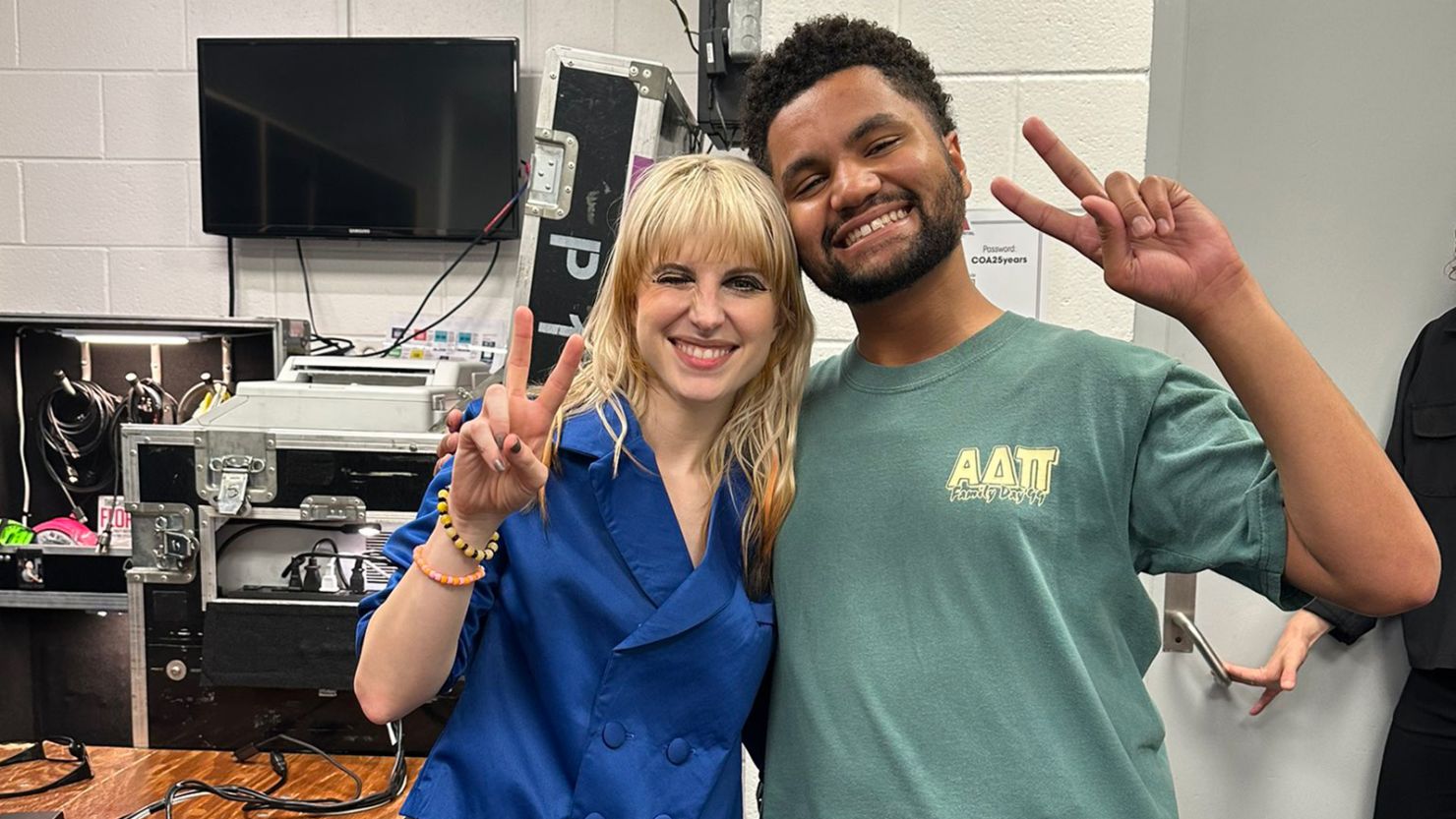 US Rep. Maxwell Frost poses with Paramore's Hayley Williams. The Florida congressman performed alongside the rock band in Washington, DC on Friday night.