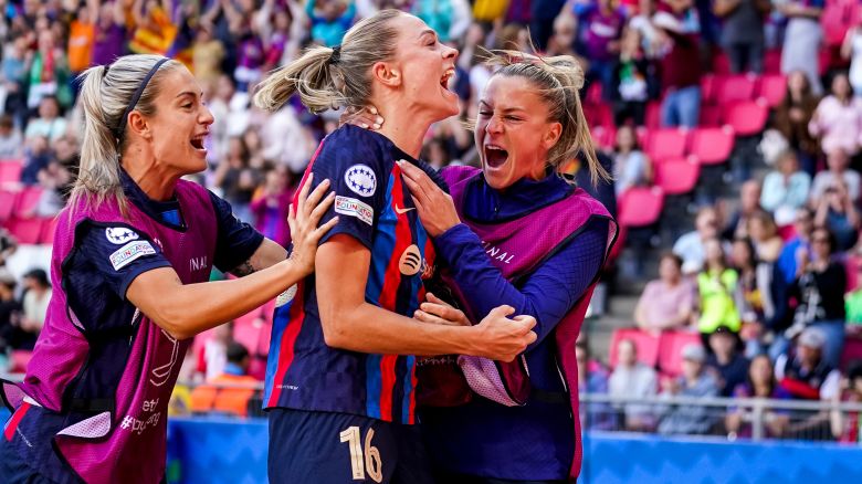 Fridolina Rolfo of FC Barcelona celebrates after scoring her sides third goal during the UEFA Women's Champions League Final match between FC Barcelona and VfL Wolfsburg at the PSV Stadion on June 3, 2023 in Eindhoven, Netherlands 
