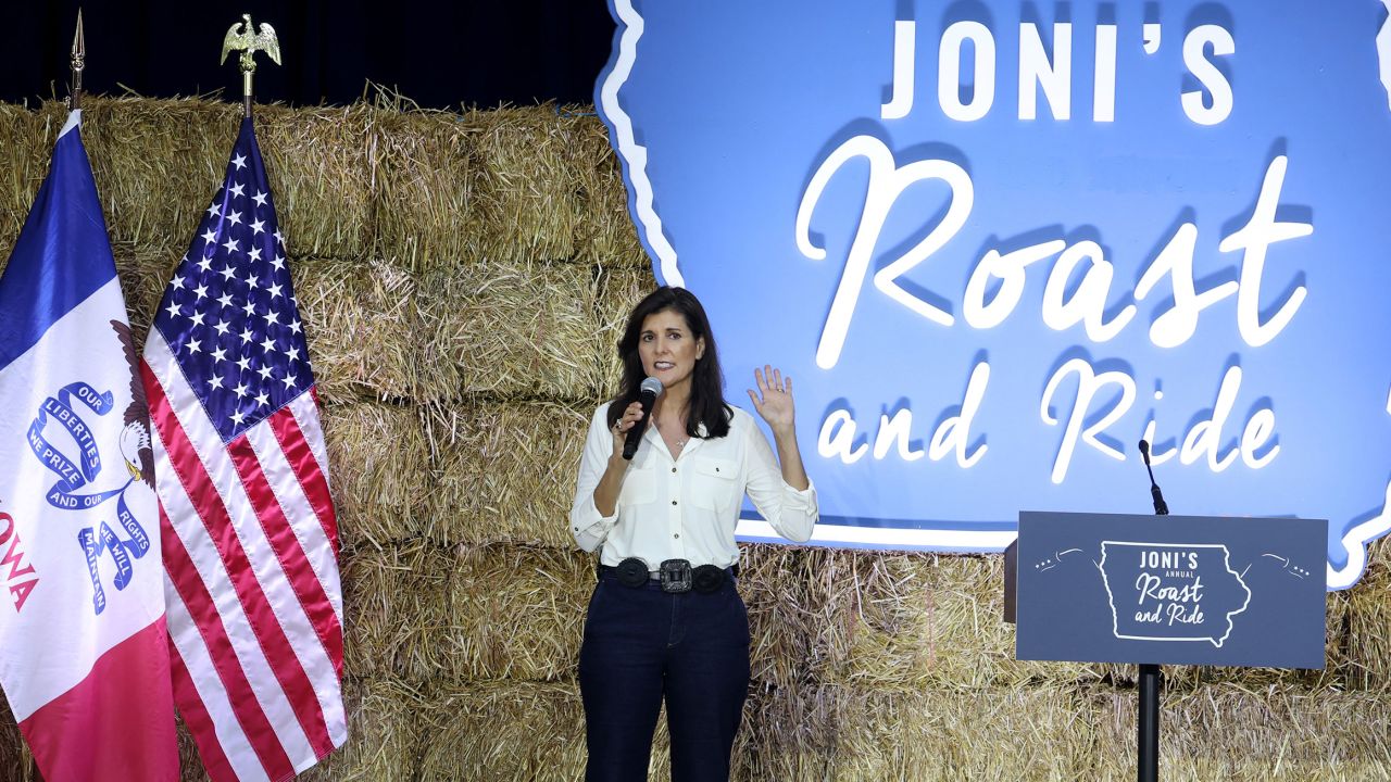 Former United Nations Ambassador Nikki Haley speaks to visitors in Des Moines on June 3, 2023.