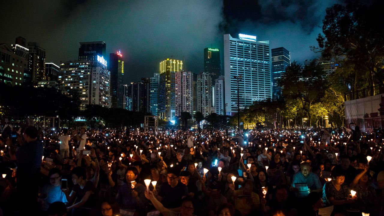 Thousands gathered at a candlelit vigil in Hong Kong on June 4, 2017, to mark 28 years since China's bloody Tiananmen Square crackdown.