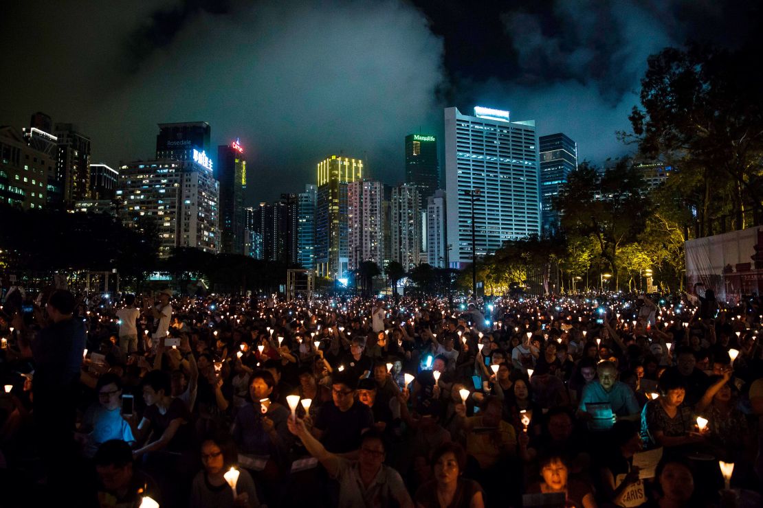 Thousands gathered at a candlelit vigil in Hong Kong on June 4, 2017, to mark 28 years since China's bloody Tiananmen Square crackdown.