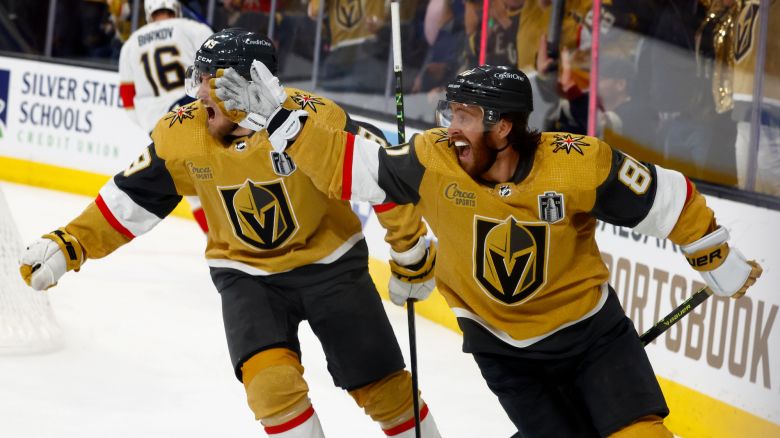 Jonathan Marchessault #81 of the Vegas Golden Knights celebrates a goal with Ivan Barbashev #49 during Game One of the NHL Stanley Cup Final Saturday at T-Mobile Arena in Las Vegas, Nevada. 