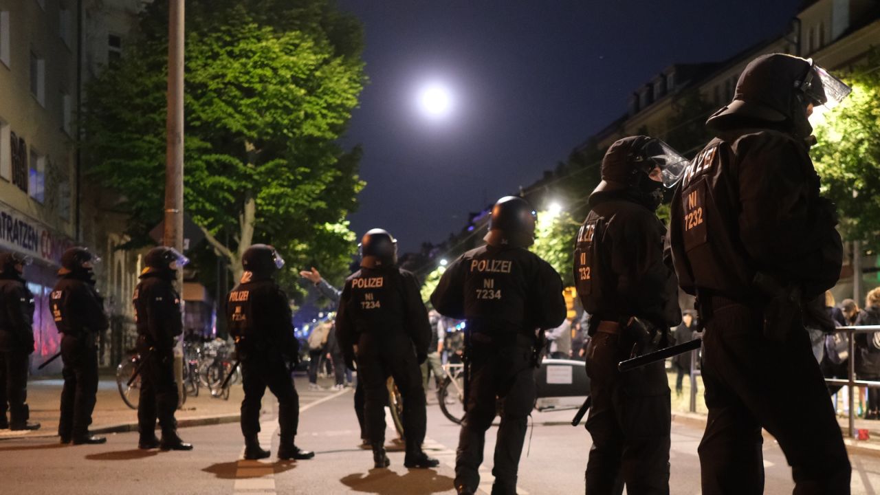 04 June 2023, Saxony, Leipzig: Police officers on duty in moonlight on a street in Südvorstadt. During demonstrations in protest of the left scene in connection with the Lina trial, there were riots between hooded people and the police in the Connewitz district on the weekend. Photo: Sebastian Willnow/dpa (Photo by Sebastian Willnow/picture alliance via Getty Images)
