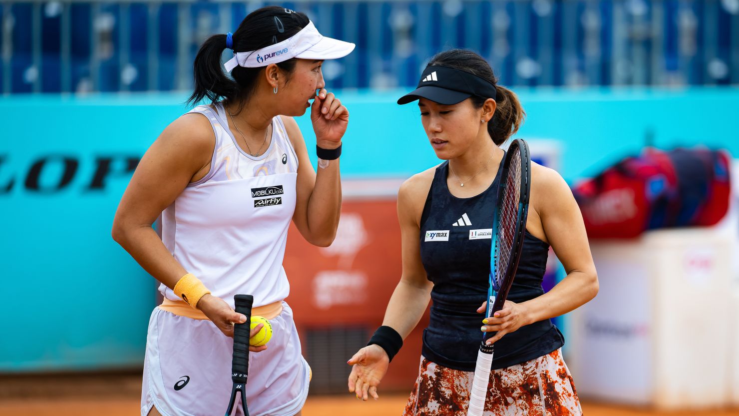 Aldila Sutjiadi (left) and Miyu Kato in action at the 2023 Mutua Madrid Open on April 29, 2023.