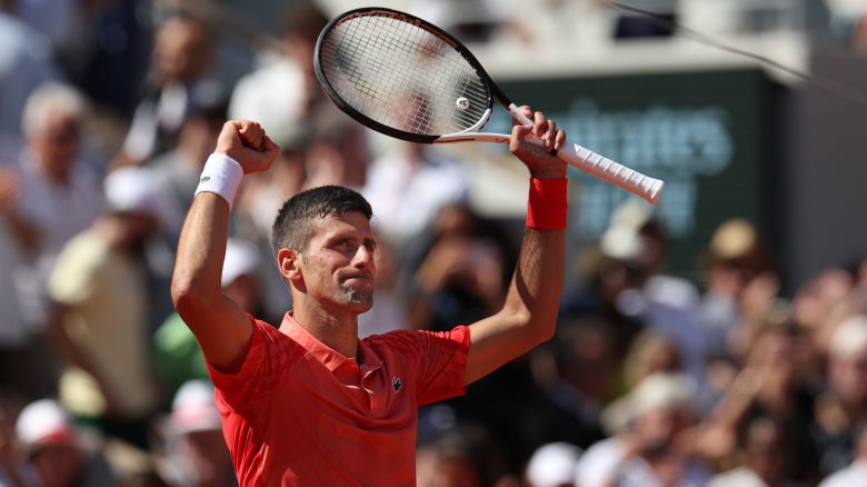 Novak Djokovic of Serbia celebrates victory over Juan Pablo Varillas of Peru during their Fourth Round match on Day Eight of the 2023 French Open at Roland Garros on June 04, 2023 in Paris, France. 