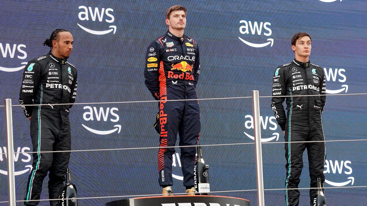 Russell and Hamilton finished on the podium behind Verstappen.