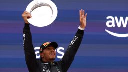Formula One F1 - Spanish Grand Prix - Circuit de Barcelona-Catalunya, Barcelona, Spain - June 4, 2023
Mercedes' Lewis Hamilton celebrates with a trophy on the podium after finishing second pace in the Spanish Grand Prix