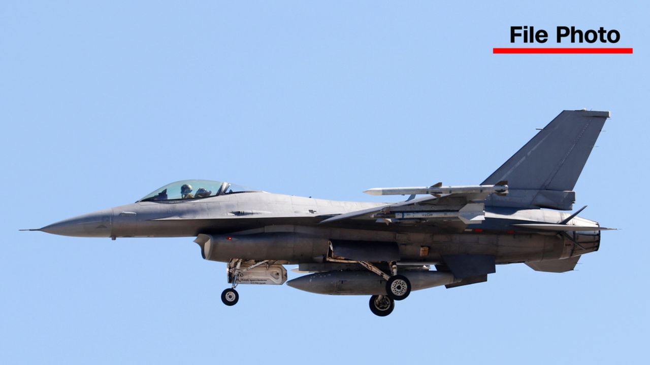 A General Dynamics F-16 Fighting Falcon fighter jet flies at Nellis AFB near Las Vegas, Nevada on March 2, 2023.