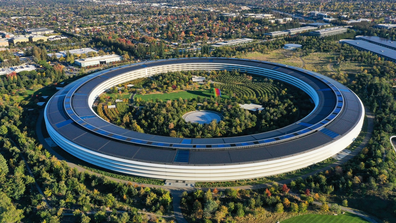 An aerial view of Apple Park is seen in Cupertino, California, United States on October 28, 2021.
