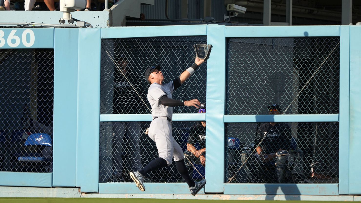 Aaron Judge makes a terrific catch to grab a fly ball by Los Angeles Dodgers' J.D. Martinez in the eighth inning at Dodger Stadium.