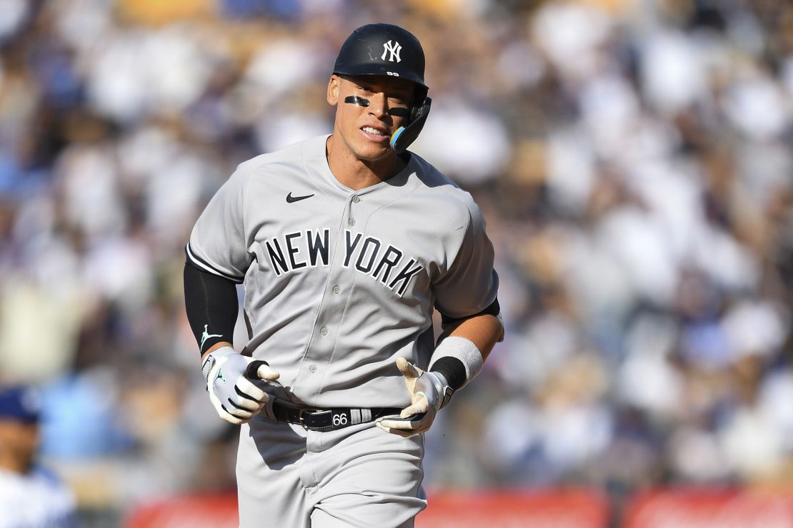 Judge circles the bases after a home run against the Dodgers.