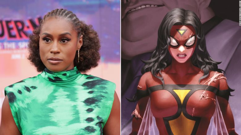 Left - LOS ANGELES, CALIFORNIA - MAY 30: Issa Rae attends the world premiere of Sony Pictures Animation's "Spider-Man: Across The Spider-Verse" at Regency Village Theatre on May 30, 2023 in Los Angeles, California. (Photo by Momodu Mansaray/WireImage)

Right - Spider-Woman Vol. 4: Devil's Reign (Trade Paperback)