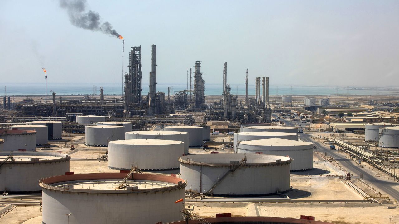 Storage tanks and oil processing facilities at Saudi Aramco's Ras Tanura oil refinery and terminal in Ras Tanura, Saudi Arabia.