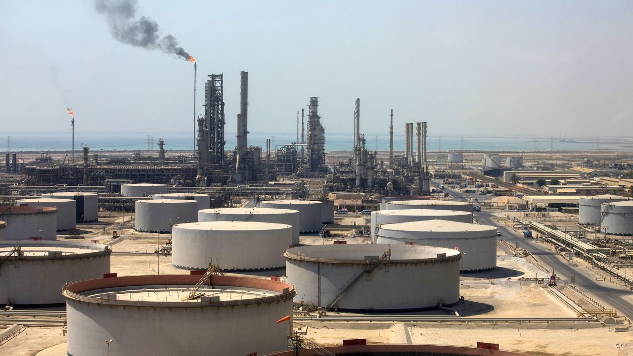 Storage tanks and oil processing facilities at Saudi Aramco's Ras Tanura oil refinery and terminal in Ras Tanura, Saudi Arabia.  