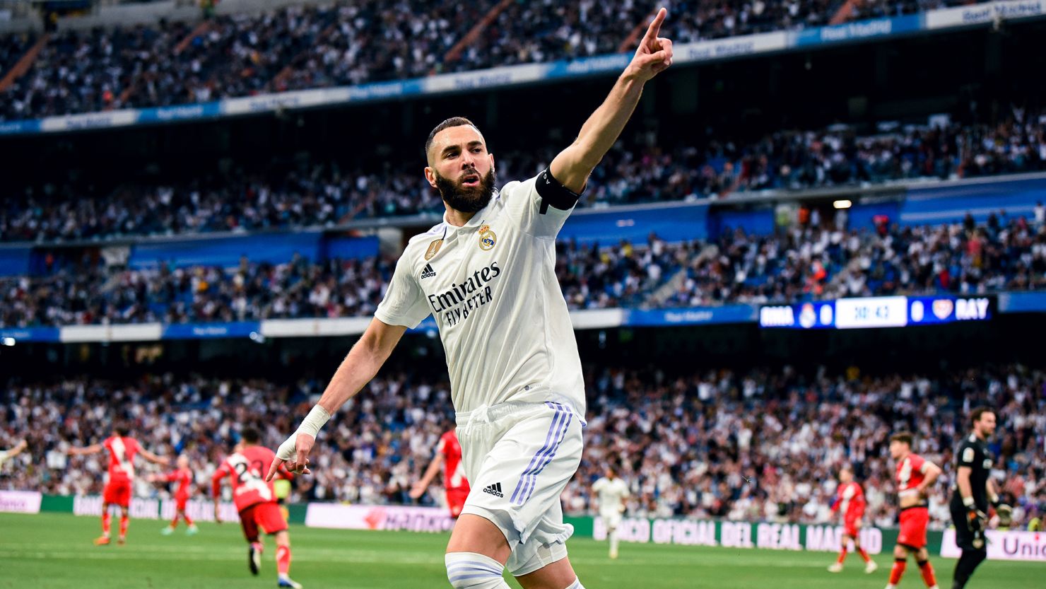 Karim Benzema celebrates scoring for Real Madrid against Rayo Vallecano on May 24 in Madrid, Spain.