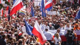 Opposition party leader Donald Tusk and Lech Walesa, the former President of Poland and the former leader of the Solidarity movement, attend an anti-government march in Warsaw, Poland on June 4, 2023.