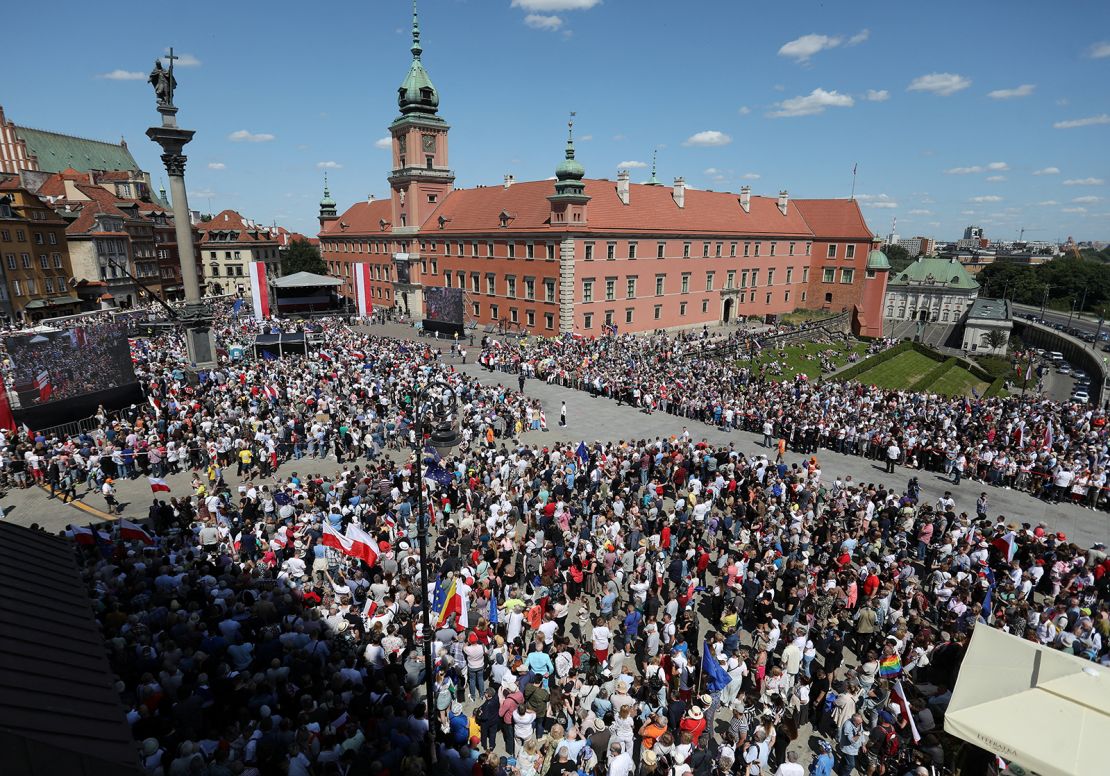 People march on the 34th anniversary of the first democratic elections in postwar Poland, in Warsaw on June 4, 2023. 