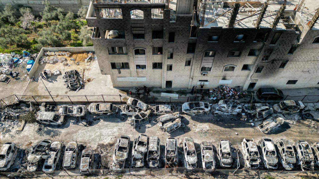 A scrapyard of cars that was torched in Huwara. The violence on February 26 caused widespread property damage.