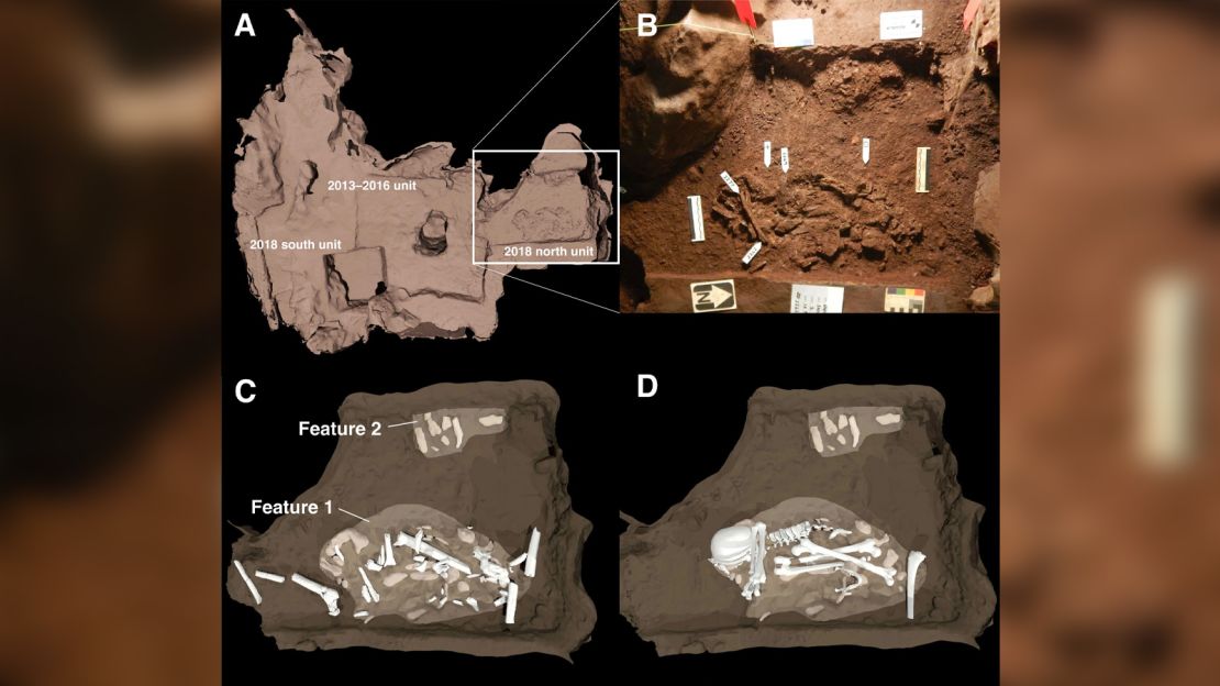 Figure 1:  Image of two burial features discovered in the Dinaledi Chamber, Rising Star Cave South Africa. A. Square area outlines position of burials relative to 2013 -- 2016 excavations. B. Photograph of main burial feature (Feature 1) containing the single body of an adult specimen of Homo naledi. Feature 2 shows the edge of a burial containing at least one juvenile body. C and D illustrate the bones as positioned within the graves. Images from Berger et al., 2023.