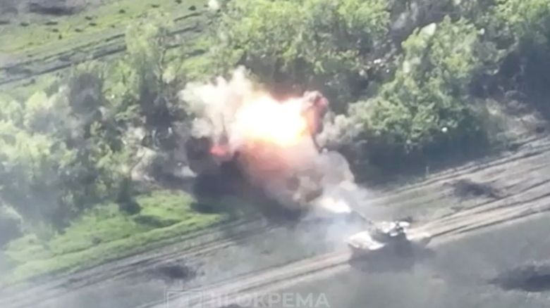View of a military vehicle as Ukrainian forces destroy Russian positions in direction of Bakhmut, near Klischiivka, Donetsk Region, Ukraine, in this screengrab taken from a video released on June 4, 2023