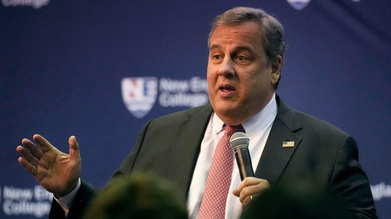 Former New Jersey Gov. Chris Christie addresses a gathering during a town hall style meeting at New England College on Thursday, April 20.