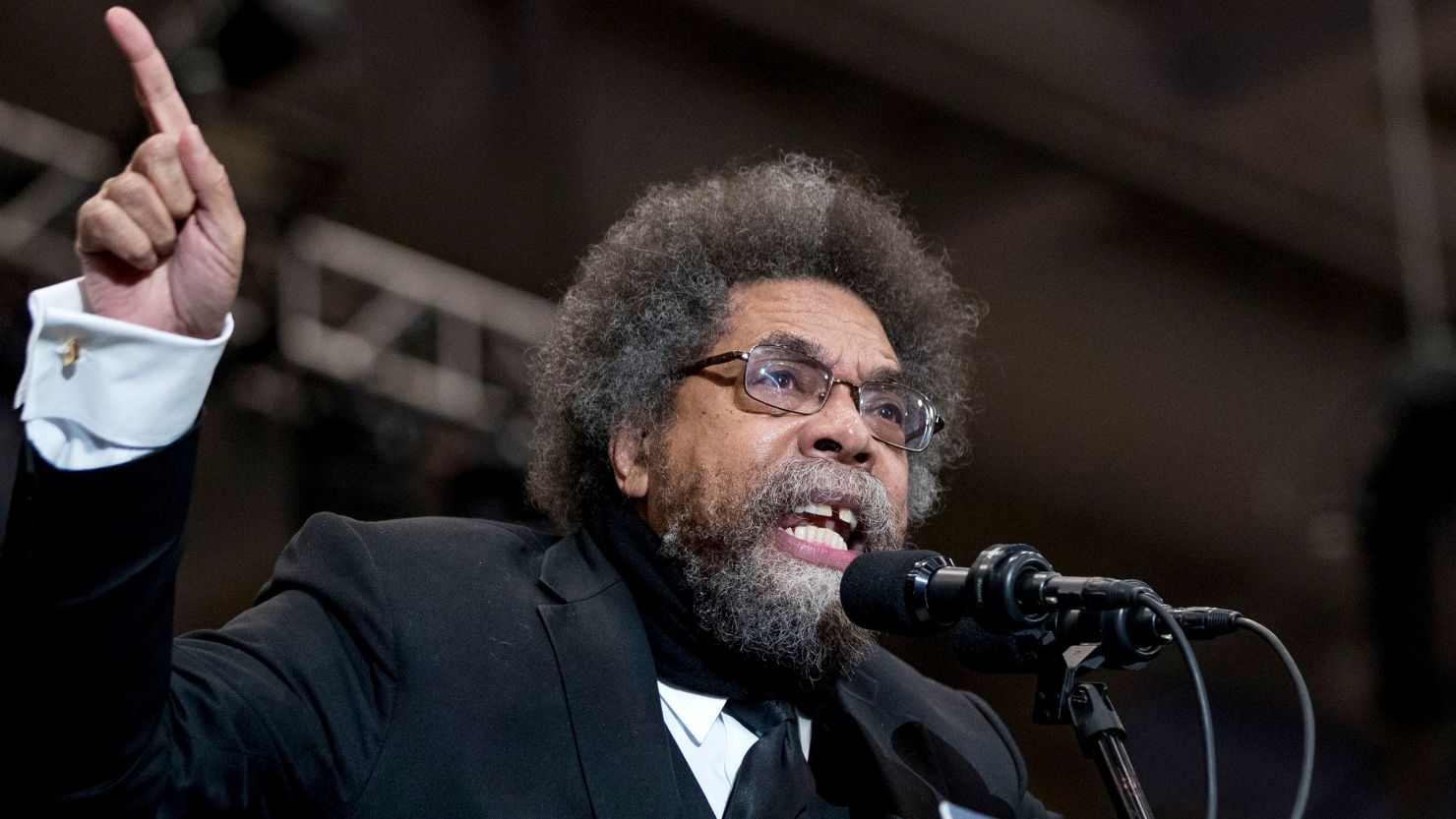 Harvard Professor Cornel West speaks at a campaign rally for Democratic presidential candidate Sen. Bernie Sanders at the Whittemore Center Arena at the University of New Hampshire on February 10, 2020, in Durham, New Hampshire. 