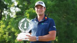DUBLIN, OHIO - JUNE 04: Viktor Hovland of Norway poses with the trophy after winning the Memorial Tournament presented by Workday in a playoff over Denny McCarthy of the United States (not pictured) at Muirfield Village Golf Club on June 04, 2023 in Dublin, Ohio. (Photo by Michael Reaves/Getty Images)