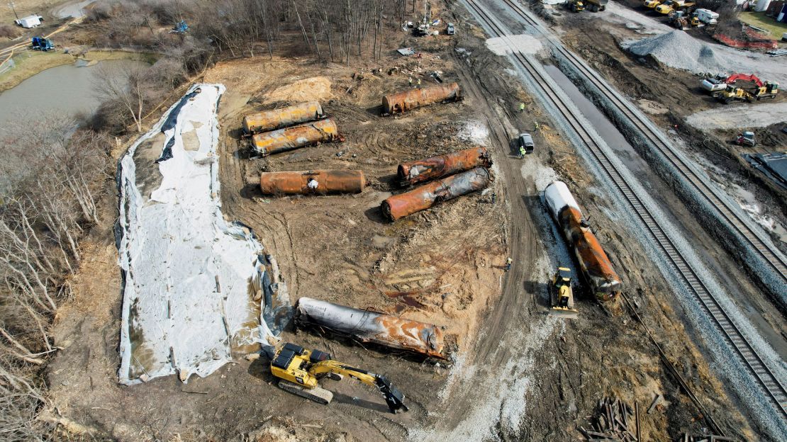 General view of the site of the derailment of a train carrying hazardous waste, in East Palestine, Ohio, U.S., March 2, 2023.  REUTERS/Alan Freed