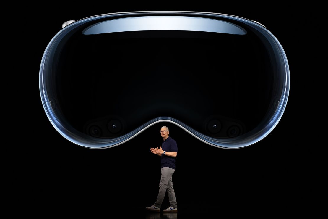 Apple CEO Tim Cook introduces Apple Vision Pro, a mixed reality headset, at Apple Park in Cupertino, CA, on June 5, 2023.