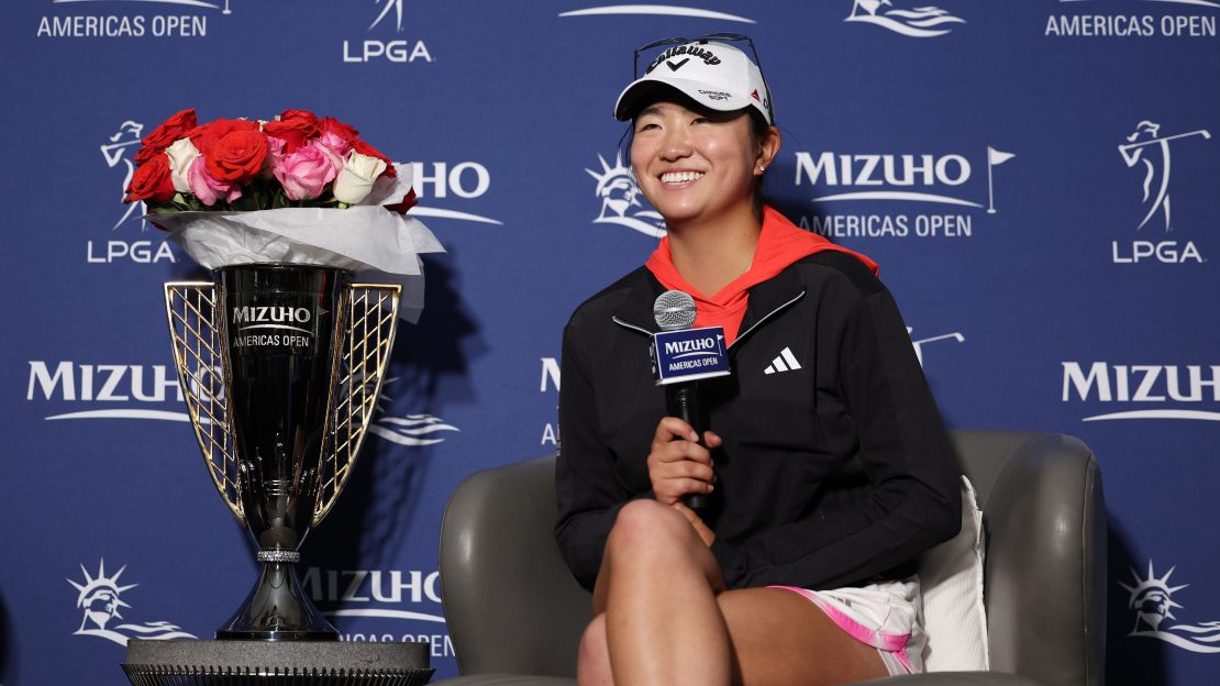 JERSEY CITY, NEW JERSEY - JUNE 04: Rose Zhang of the United States speaks during a press conference after a playoff win against Jennifer Kupcho of the United States (not pictured) in the final round of the Mizuho Americas Open at Liberty National Golf Club on June 4, 2023 in Jersey City, New Jersey. (Photo by Elsa/Getty Images)