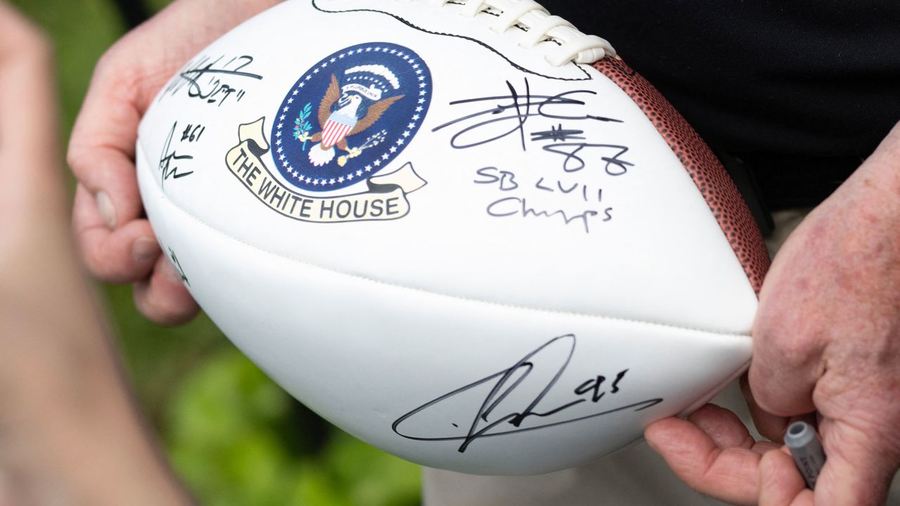A football signed by members of the Kansas City Chiefs is seen outside the West Wing of the White House in Washington, DC, on June 5, 2023.