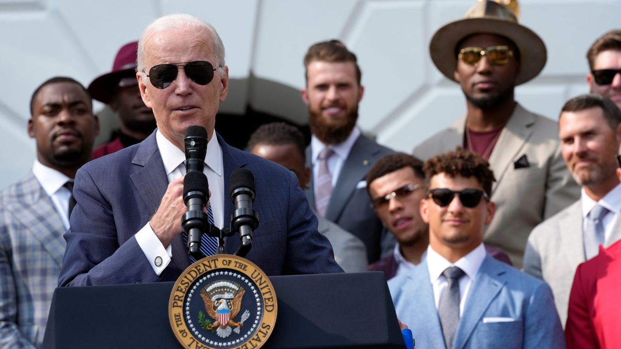 President Joe Biden speaks as he welcomes the Kansas City Chiefs to the White House in Washington, Monday, June 5, 2023, to celebrate their championship season and victory in Super Bowl LVII.