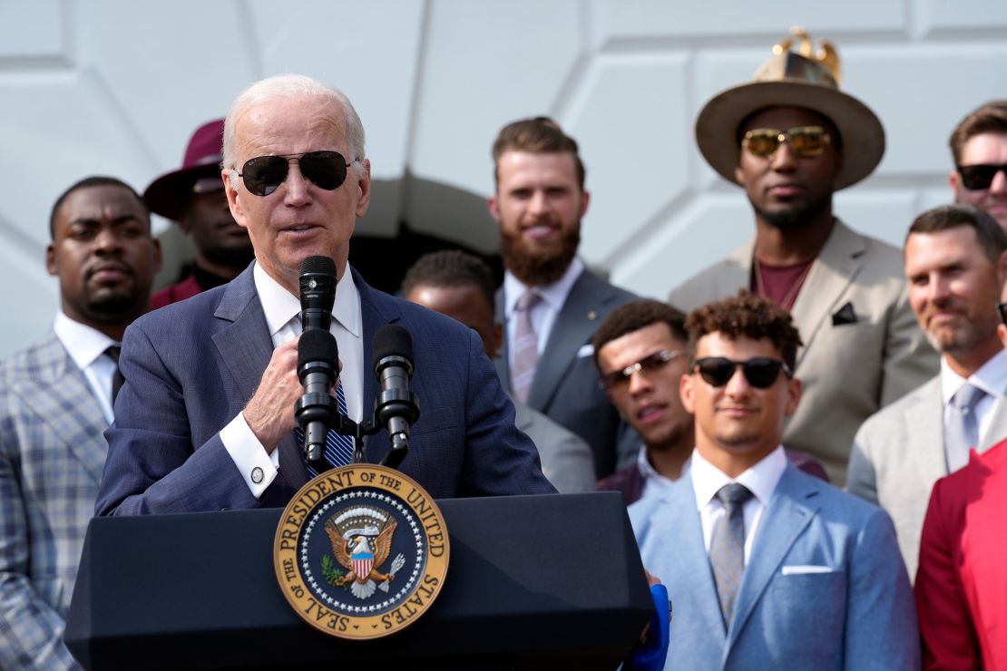 President Joe Biden speaks as he welcomes the Kansas City Chiefs to the White House in Washington, Monday, June 5, 2023, to celebrate their championship season and victory in Super Bowl LVII.