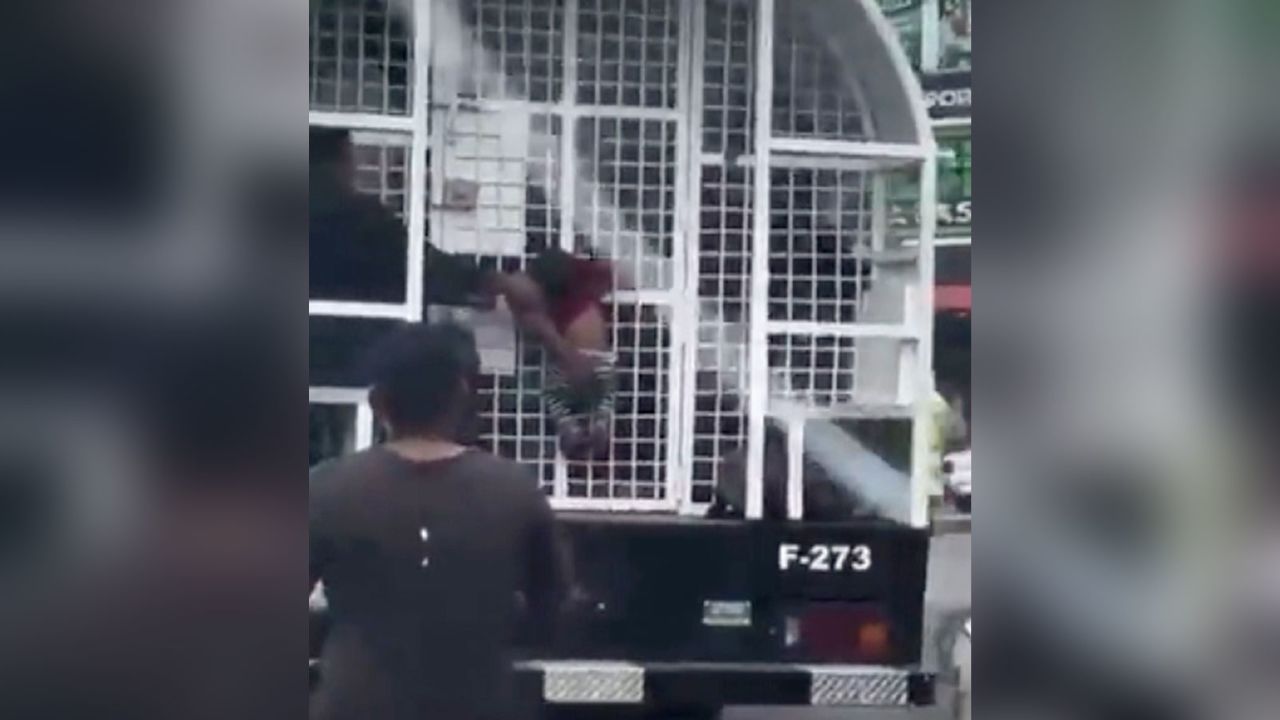 A framework  from a video shared connected  societal  media shows a tiny  kid  hanging from the arms of a detained pistillate   done  the barred doorway  of a motortruck  successful  the Dominican Republic.