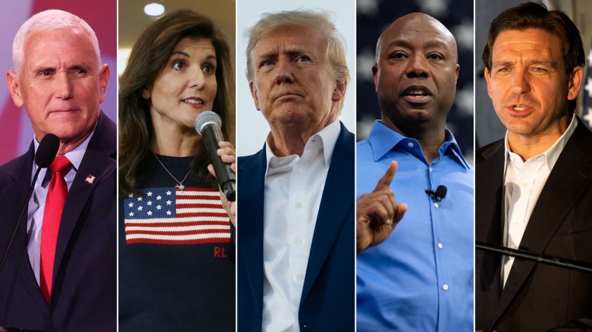 From left, Mike Pence, Nikki Haley, Donald Trump, Tim Scott, and Ron DeSantis.