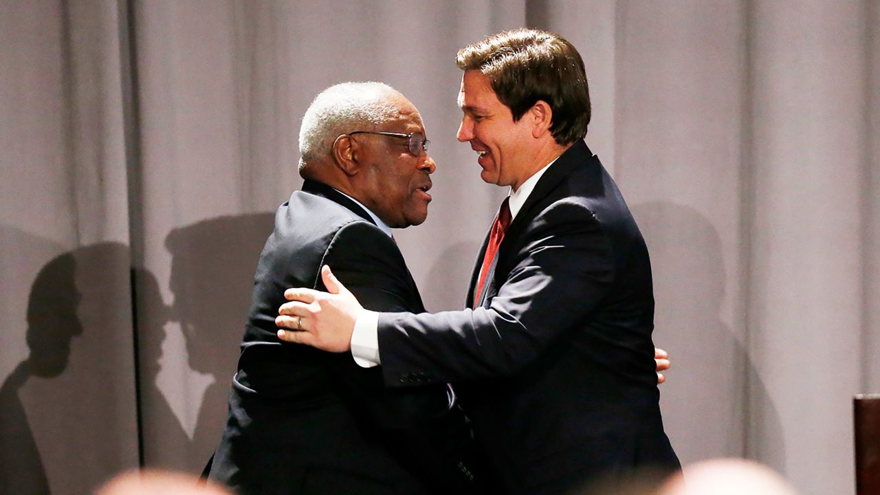 US Supreme Court Justice Clarence Thomas and Florida Gov. Ron DeSantis greet each other during a Federalist Society conference at Disney's Yacht Club Resort in Lake Buena Vista, Florida, in January 2020. 