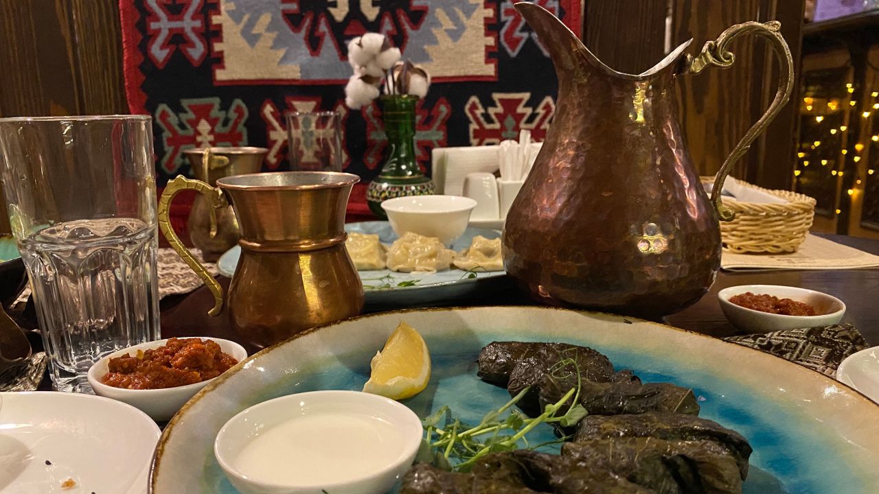 Traditional dishes are served for lunch at a Crimean Tatar restaurant in Kyiv.