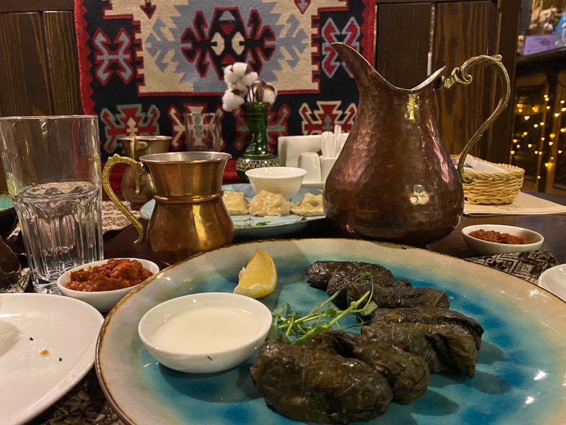 Traditional dishes are served for lunch at a Crimean Tatar restaurant in Kyiv.