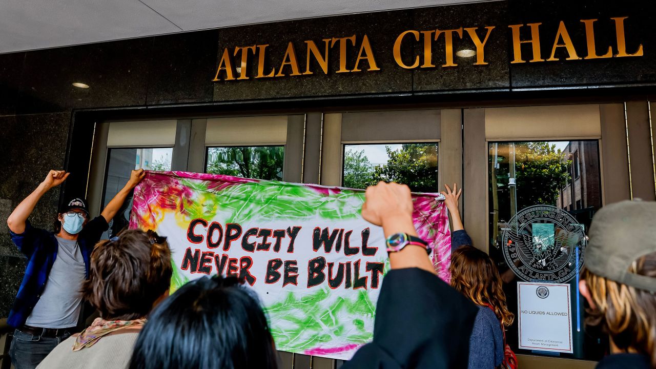 Opponents to the planned Atlanta Public Safety Training Center protest at Atlanta City Hall as the city council prepares to vote on funding for the controversial facility in Atlanta, Georgia, USA, 05 June 2023. The proposed police training site has included the death of a 'Stop Cop City' environmental protester, the recent arrest of three legal aide workers and reported rising costs.