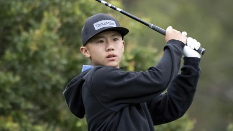 Jaden Soong, 13, tees off on the third hole during the final round of qualifying for the U.S. Open golf championship at Hillcrest Country Club in Los Angeles, Monday, June 5, 2023. (David Crane/The Orange County Register via AP)