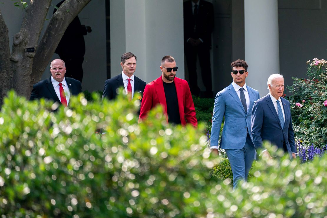 Biden, Mahomes, Kelce, Mark Donovan -- president of the Chiefs -- and Andy Reid - head coach of the Chiefs -- arrive for a ceremony on the South Lawn of the White House.