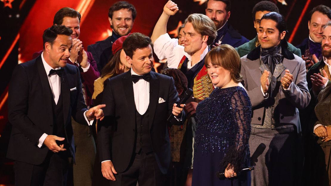 Ant McPartlin and Declan Donnelly with Susan Boyle and the cast of "Les Miserables" on "Britain's Got Talent" in London on June 4, 2023. 