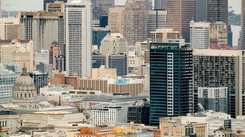 Buildings in the downtown skyline of San Francisco, California, US, on Wednesday, May 3, 2023. San Francisco's office-vacancy rate soared to a record 27.6% at the end of 2022, compared with just 3.7% before the pandemic. Photographer: Jason Henry/Bloomberg via Getty Images