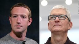 Left: Meta CEO Mark Zuckerberg; right: Apple CEO Tim Cook.